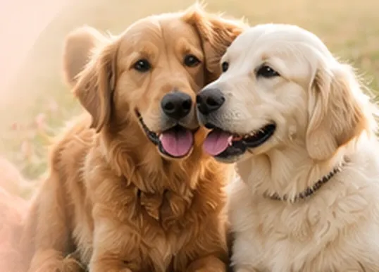 Two Golden Retrievers sitting side by side, cheek to cheek